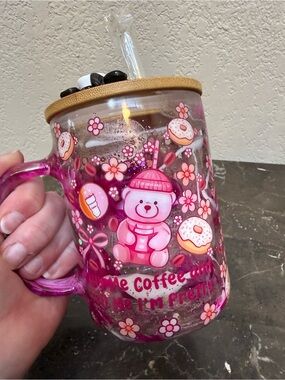 Buy Me Coffee Tell Me I’m Pretty Large Pink Bear Glass Coffee Mug Lid Handmade